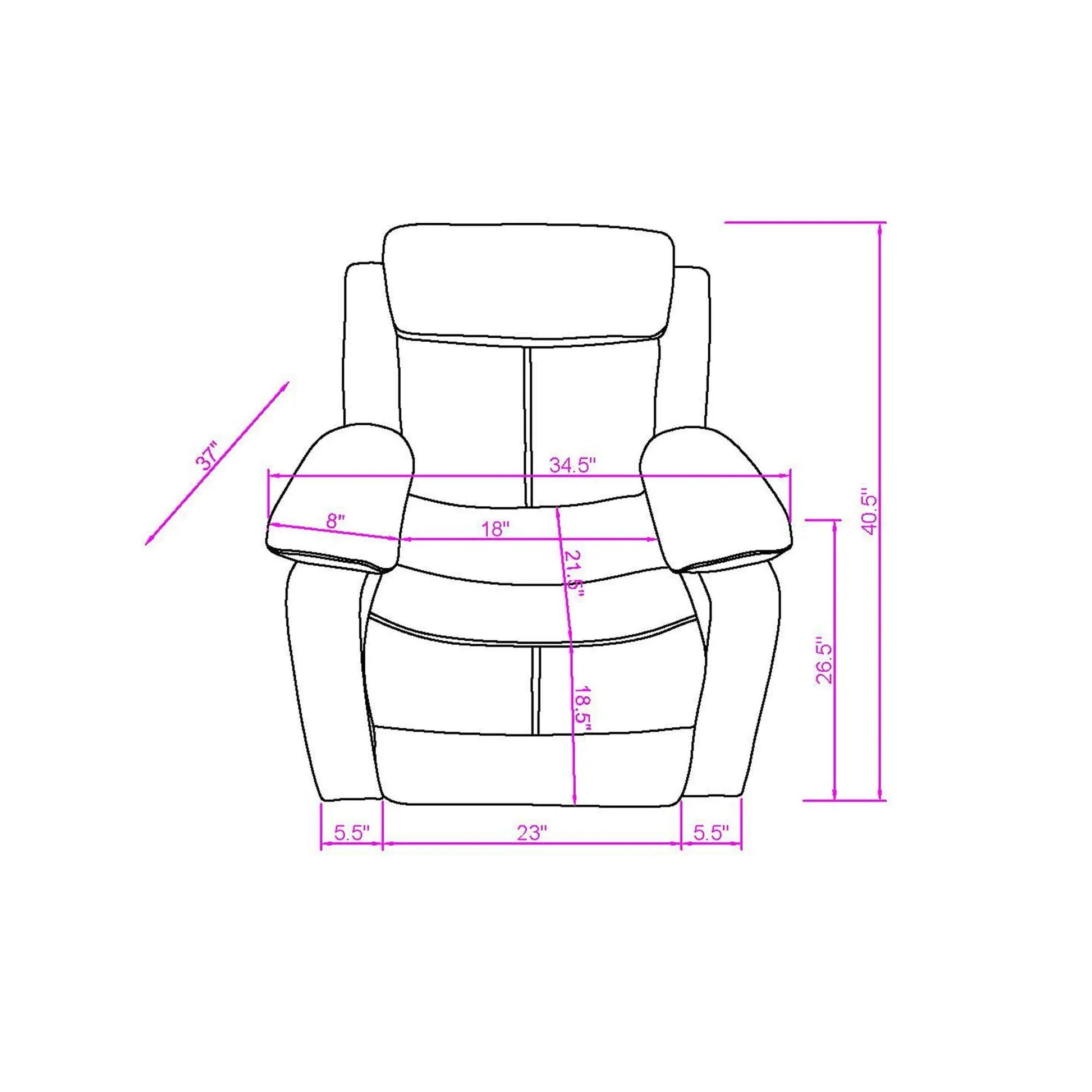 Blanche glider recliner with LED and pillow-top arms line drawing showing dimensions on Tampa Home & Garden Store