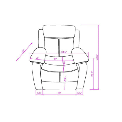 Blanche glider recliner with LED and pillow-top arms line drawing showing dimensions on Tampa Home & Garden Store
