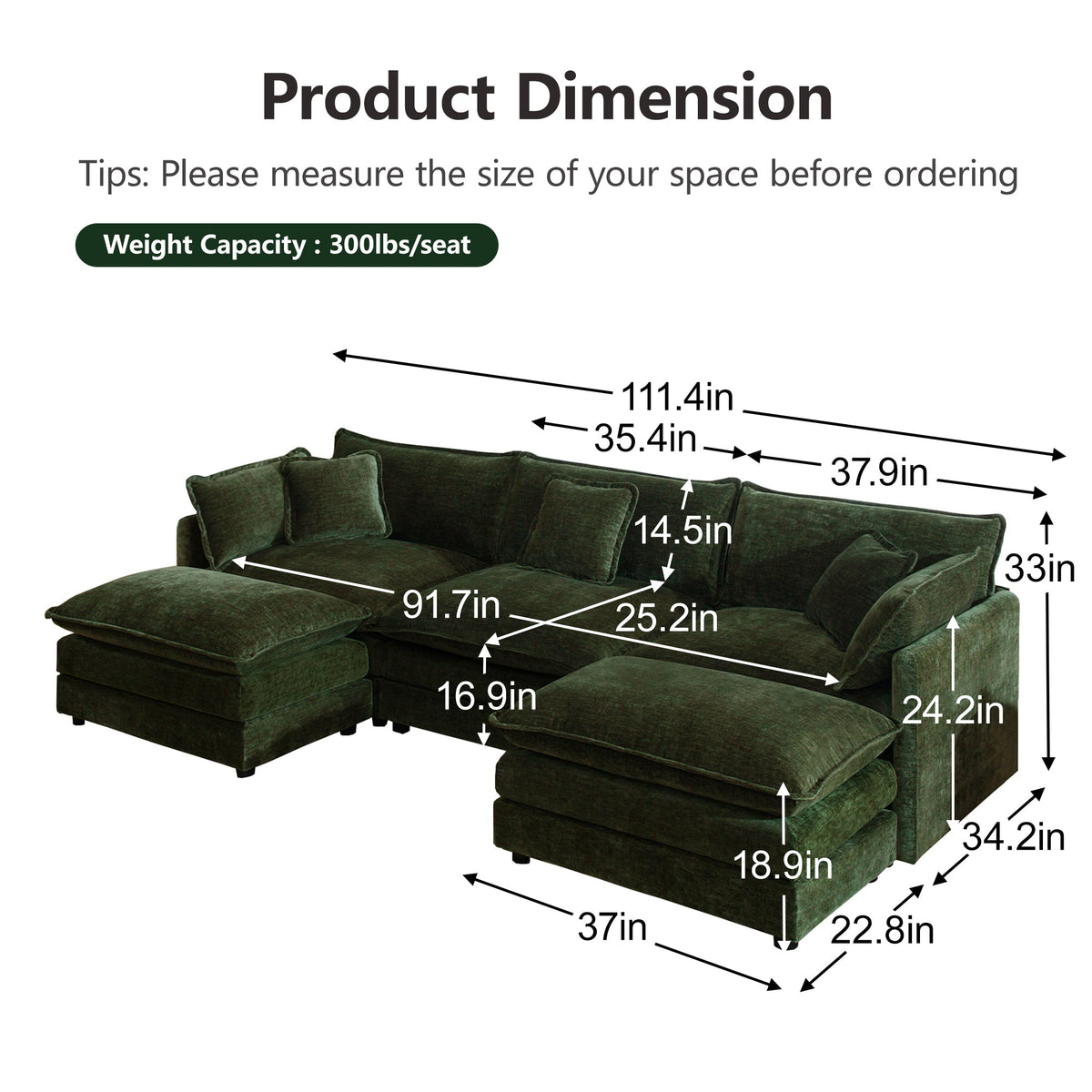 U-shaped sectional sofa with reversible footrest in dark green velvet by HouseOfZazla on Tampa Home & Garden Store
