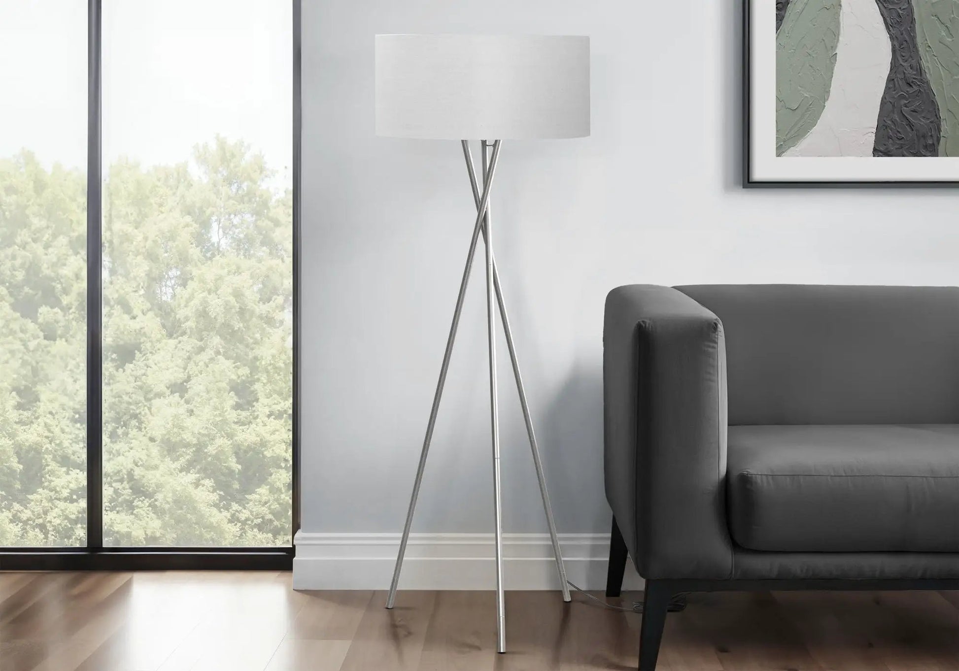 Floor lamp, contemporary tripod metal base with white shade, Unique Piece Furniture on Tampa Home & Garden Store