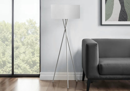 Floor lamp, contemporary tripod metal base with white shade, Unique Piece Furniture on Tampa Home & Garden Store