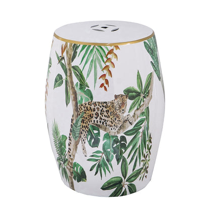 Ceramic garden stool jungle motif with leopard and tropical leaves, white body, gold rim on Tampa Home & Garden Store