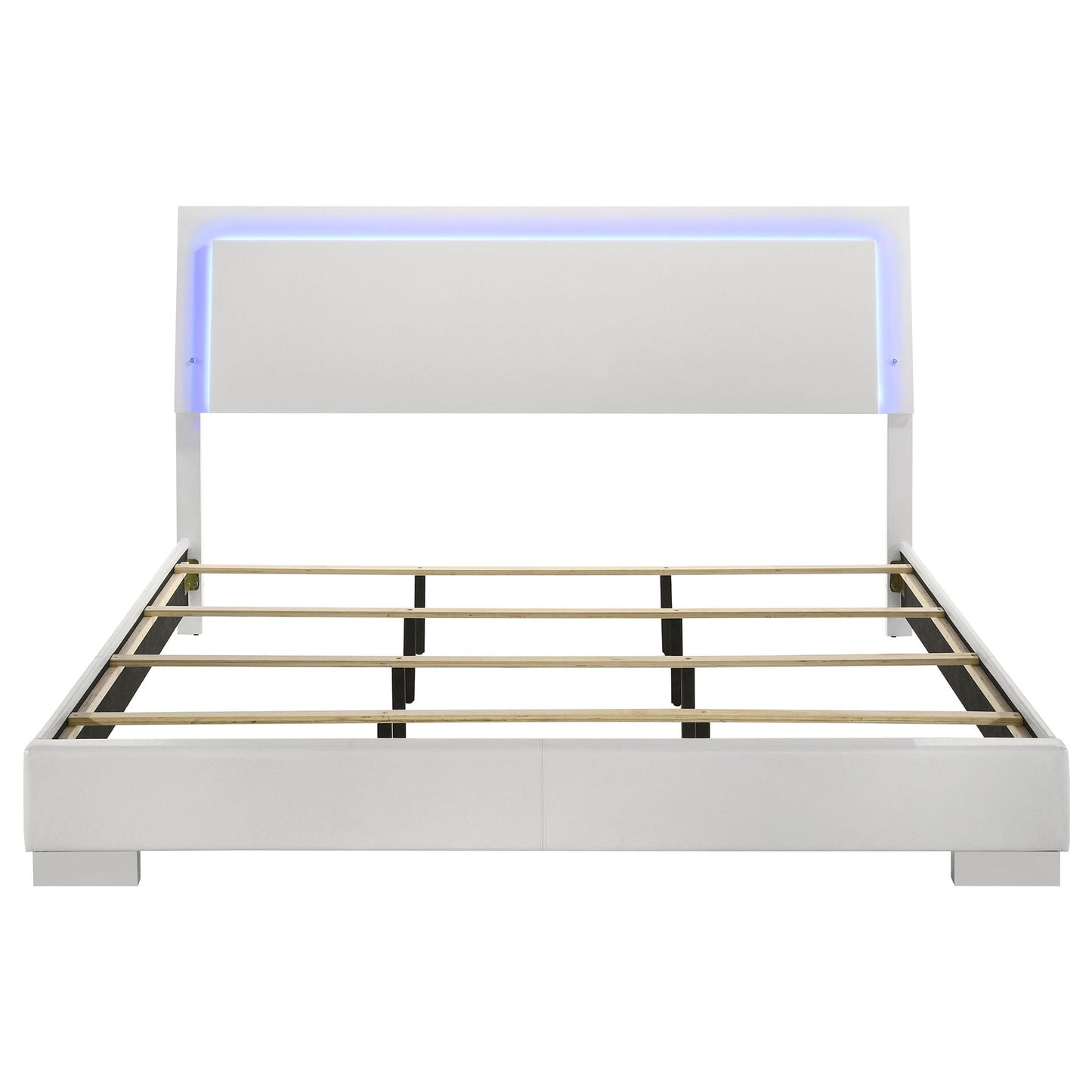 Strick & Bolton white high-gloss panel bed with blue LED lighting, upholstered bed frame on Tampa Home & Garden Store