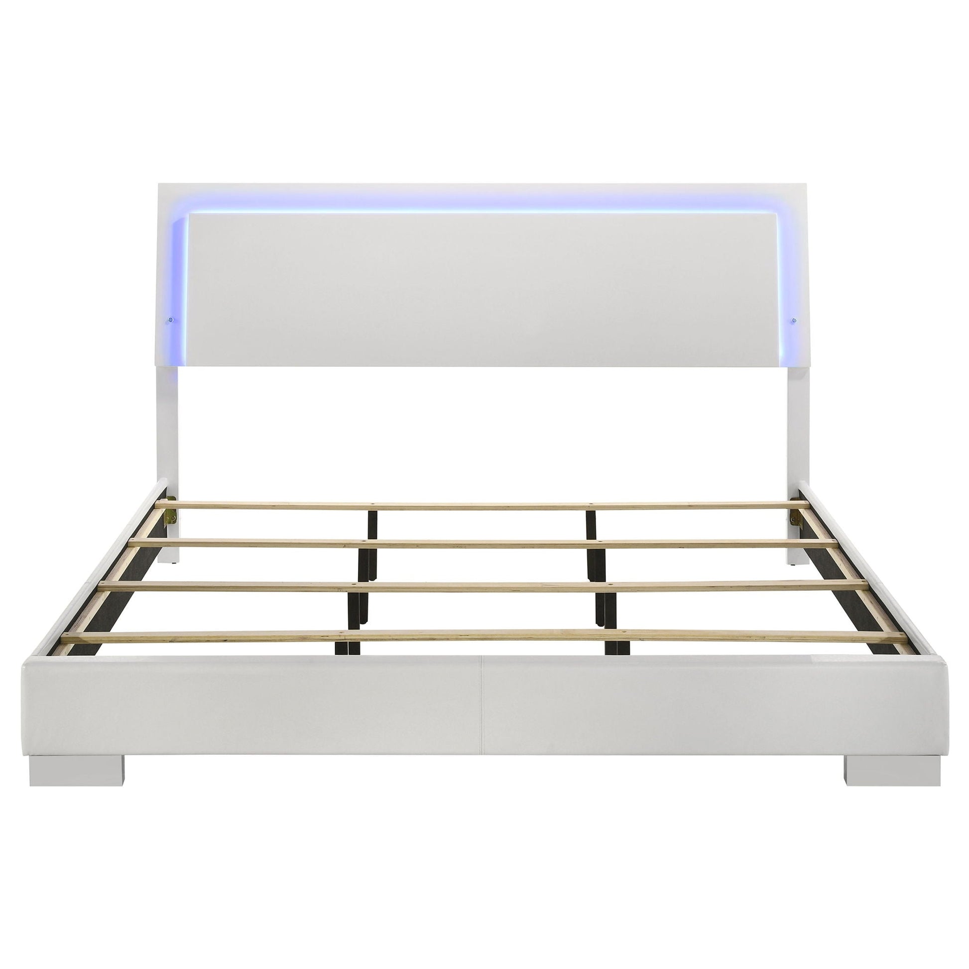 Strick & Bolton white high-gloss panel bed with blue LED lighting, upholstered bed frame on Tampa Home & Garden Store