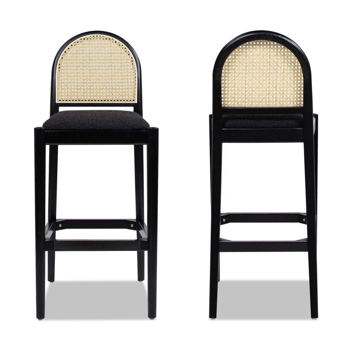 Curved back cane bar stools with natural cane webbing on black frames, pair HouseOfZazla on Tampa Home & Garden Store