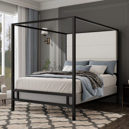 Canopy bed by HouseOfZazla with four-poster black metal frame and tall upholstered headboard on Tampa Home & Garden Store