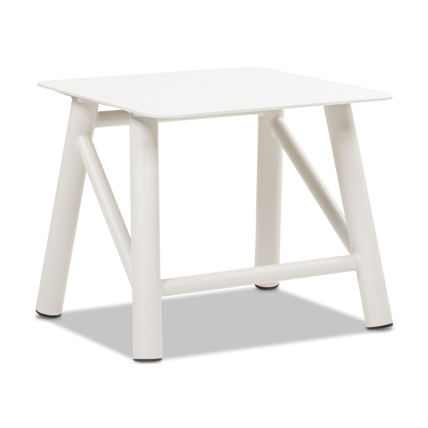 Atlas 19.5in square outdoor patio side table light, white finish with angled A-frame legs on Tampa Home & Garden Store