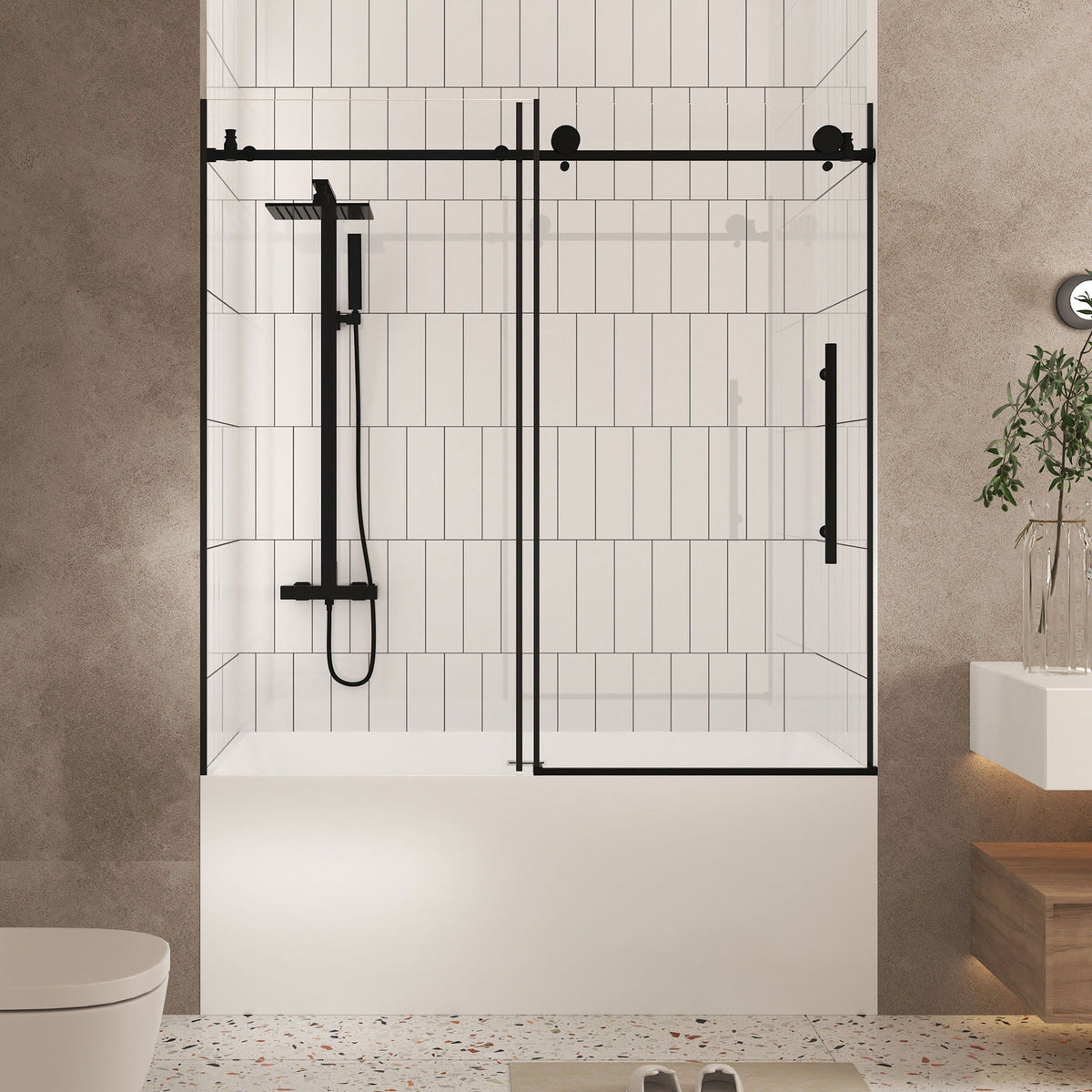 Two-panel frameless tempered-glass shower door with black hardware on Tampa Home & Garden Store