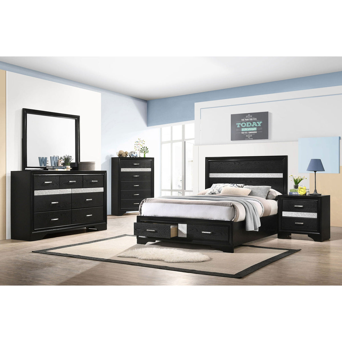 Urbana Storage Panel Bed by HouseOfZazla in black finish with built-in drawers, platform bed on Tampa Home & Garden Store