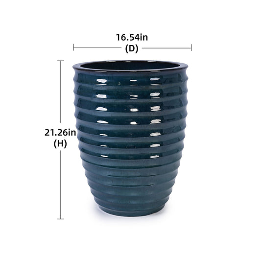 Flowerpot planter HouseOfZazla teal glazed ceramic, ribbed tall design, 21.26in high on Tampa Home & Garden Store
