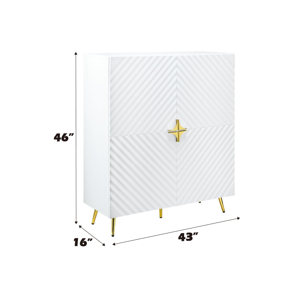 High gloss white accent cabinet with diagonal ribbed doors and gold legs, 46x43x16 in on Tampa Home & Garden Store