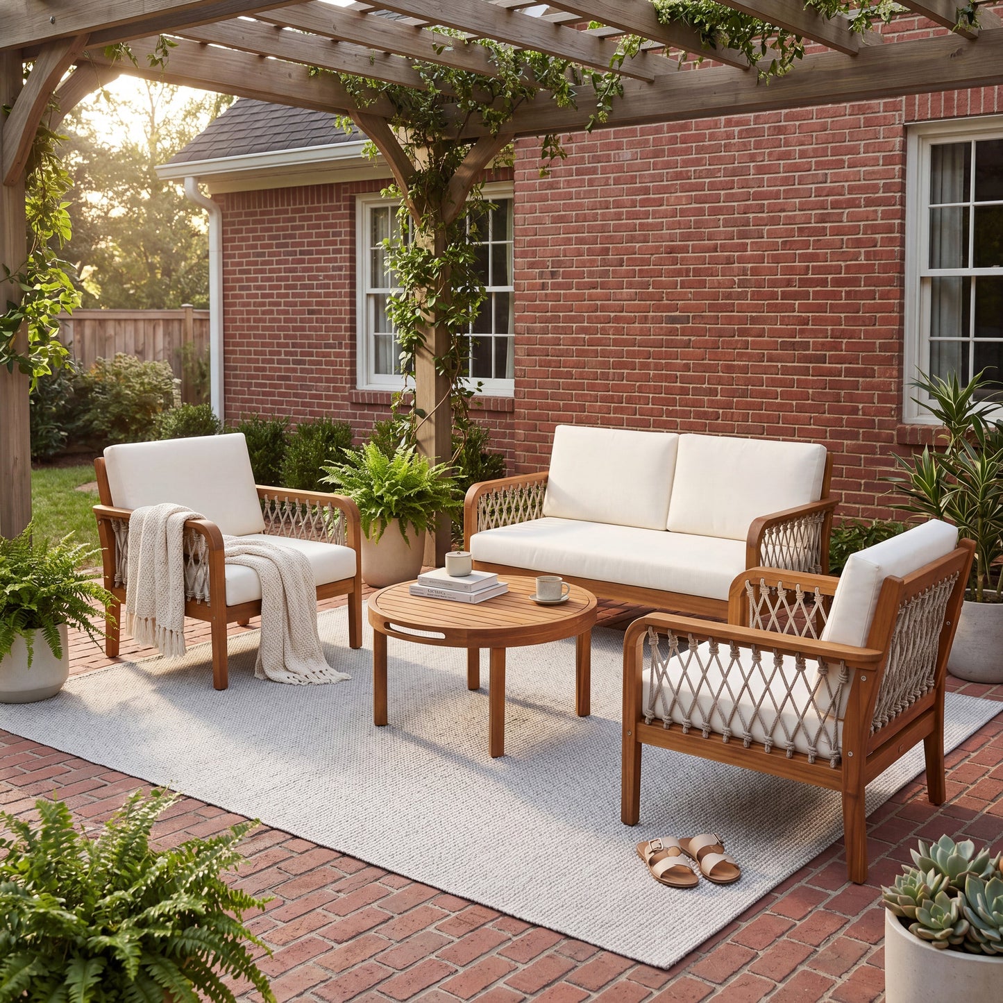 4-Piece Acacia Wood Patio Furniture Set with white cushions HouseOfZazla on Tampa Home & Garden Store