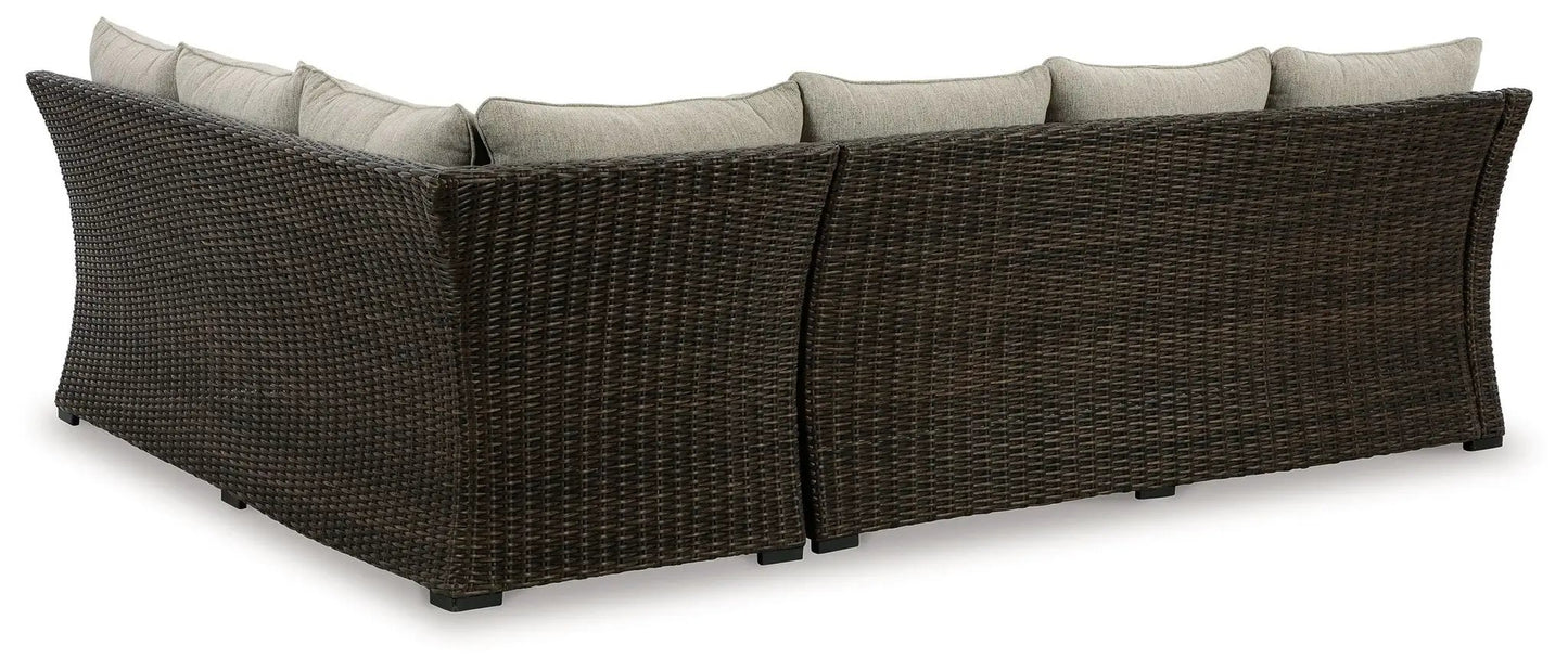 Brook Ranch 3-piece outdoor sofa sectional bench set in brown wicker with beige cushions on Tampa Home & Garden Store