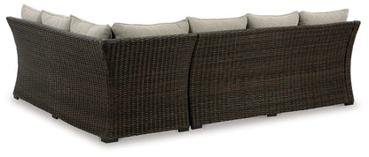 Brook Ranch 3-piece outdoor sofa sectional bench set in brown wicker with beige cushions on Tampa Home & Garden Store