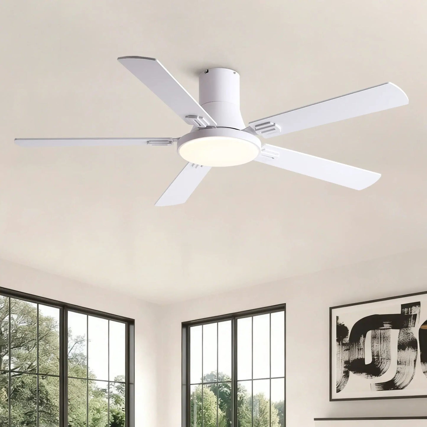 Ceiling fan flush mount with LED light and remote, white 5 blades Unique Piece Furniture on Tampa Home & Garden Store