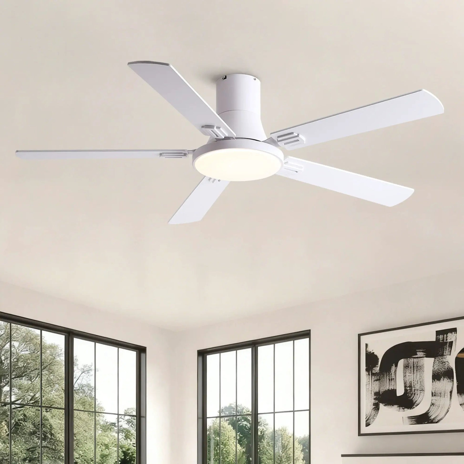 Ceiling fan flush mount with LED light and remote, white 5 blades Unique Piece Furniture on Tampa Home & Garden Store