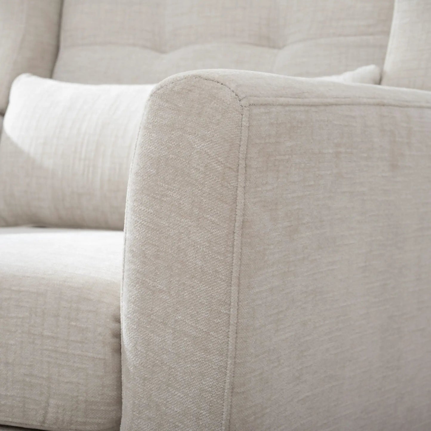 Modern beige fabric upholstered accent chair arm with foam-filled cushions on Tampa Home & Garden Store