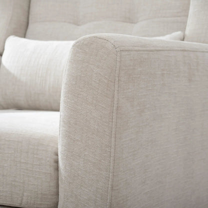 Modern beige fabric upholstered accent chair arm with foam-filled cushions on Tampa Home & Garden Store