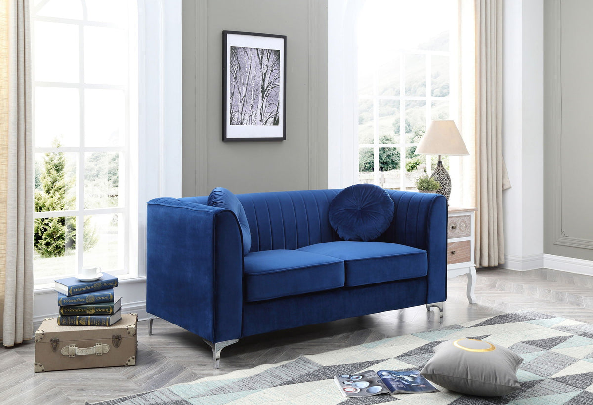 Glam Styled Blue Micro Suede Loveseat with channel quilting and two bolster pillows on Tampa Home & Garden Store