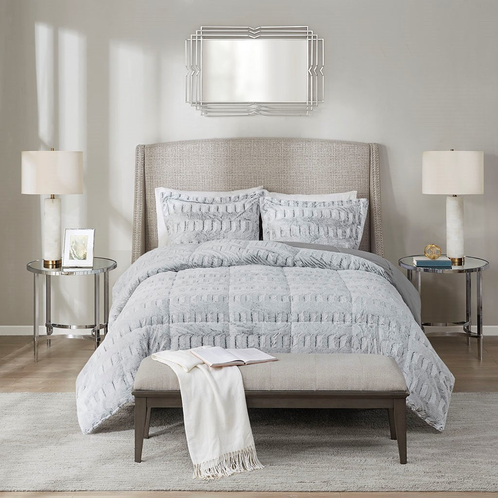 King/Cal King Back Print Long Fur Comforter Mini Set, light gray quilt with matching shams on Tampa Home & Garden Store