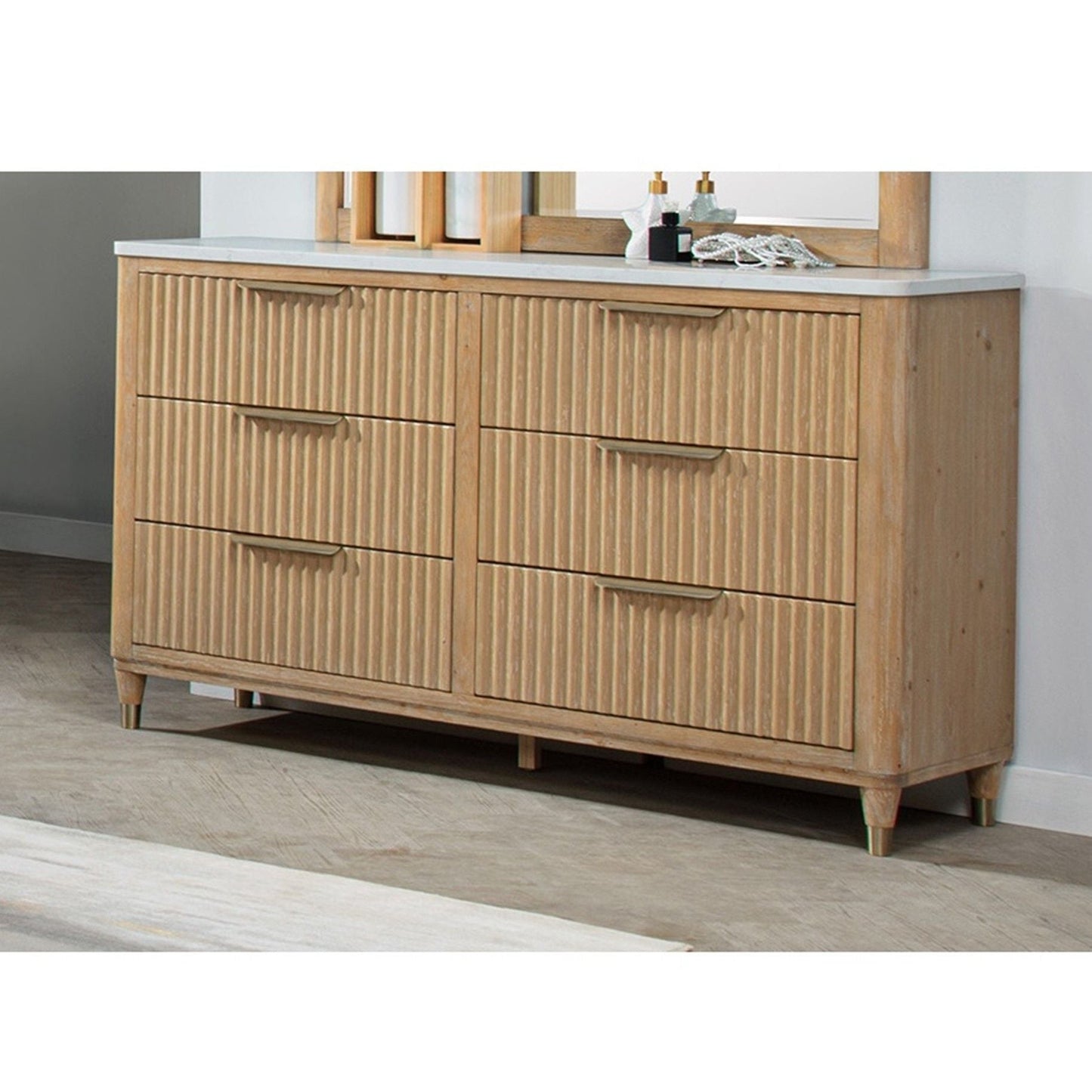 6 Drawers Dresser with Natural Wood and Stone Top