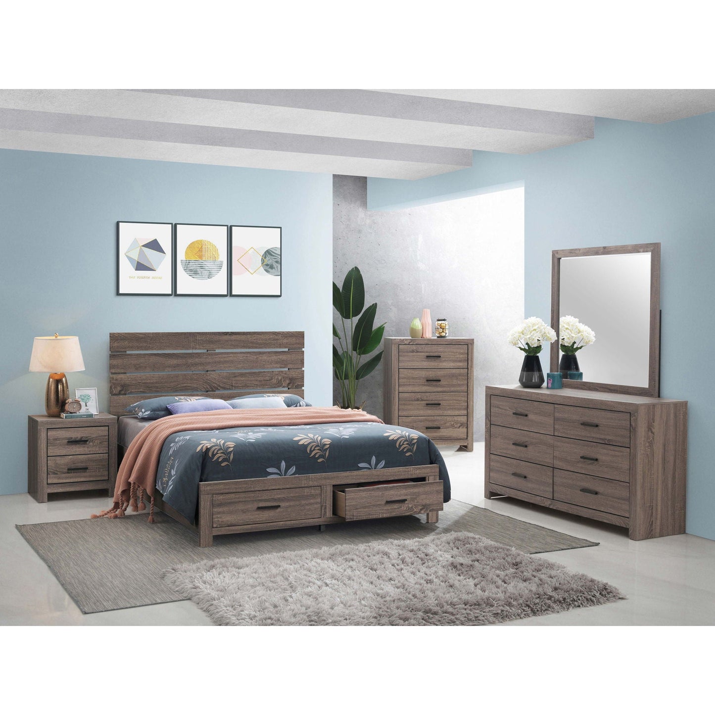 Geary Panel Bed by HouseOfZazla in weathered wood with matching nightstands on Tampa Home & Garden Store