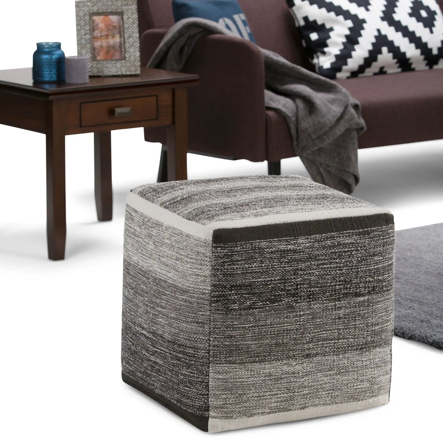 Naya Upholstered Cube Pouf 2-pack in grey textured fabric for living room accents on Tampa Home & Garden Store