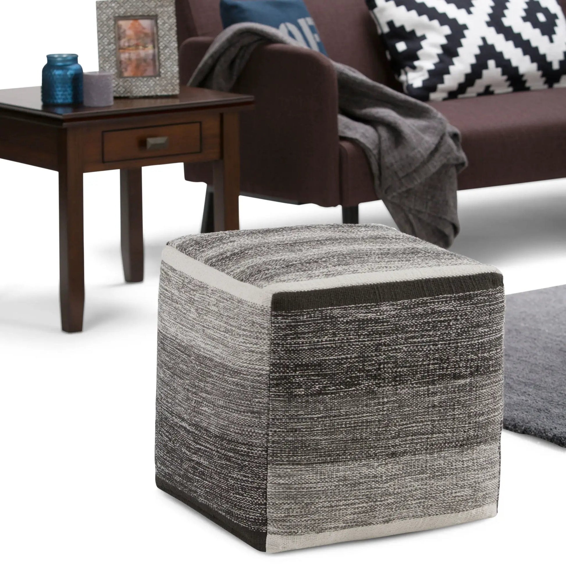 Naya Upholstered Cube Pouf 2-pack in grey textured fabric for living room accents on Tampa Home & Garden Store