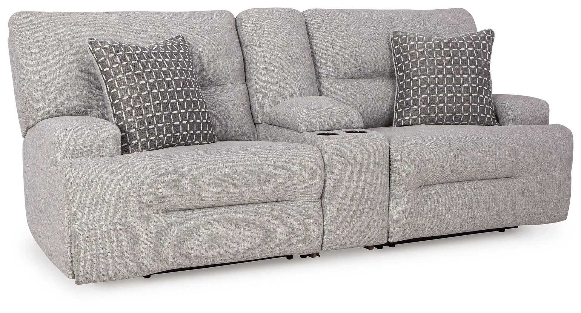 Acklen Place Reclining Sectional in gray fabric with center console and two grid-pattern pillows on Tampa Home & Garden Store