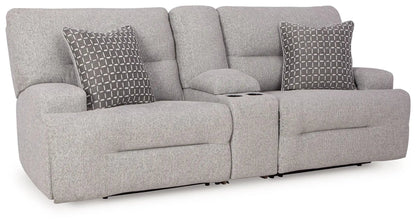 Acklen Place Reclining Sectional in gray fabric with center console and two grid-pattern pillows on Tampa Home & Garden Store