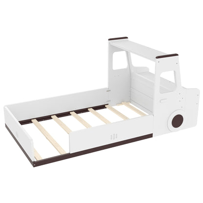 Twin Size Car-Shaped Floor Bed with Storage Drawers, pine wood, white with brown trim on Tampa Home & Garden Store