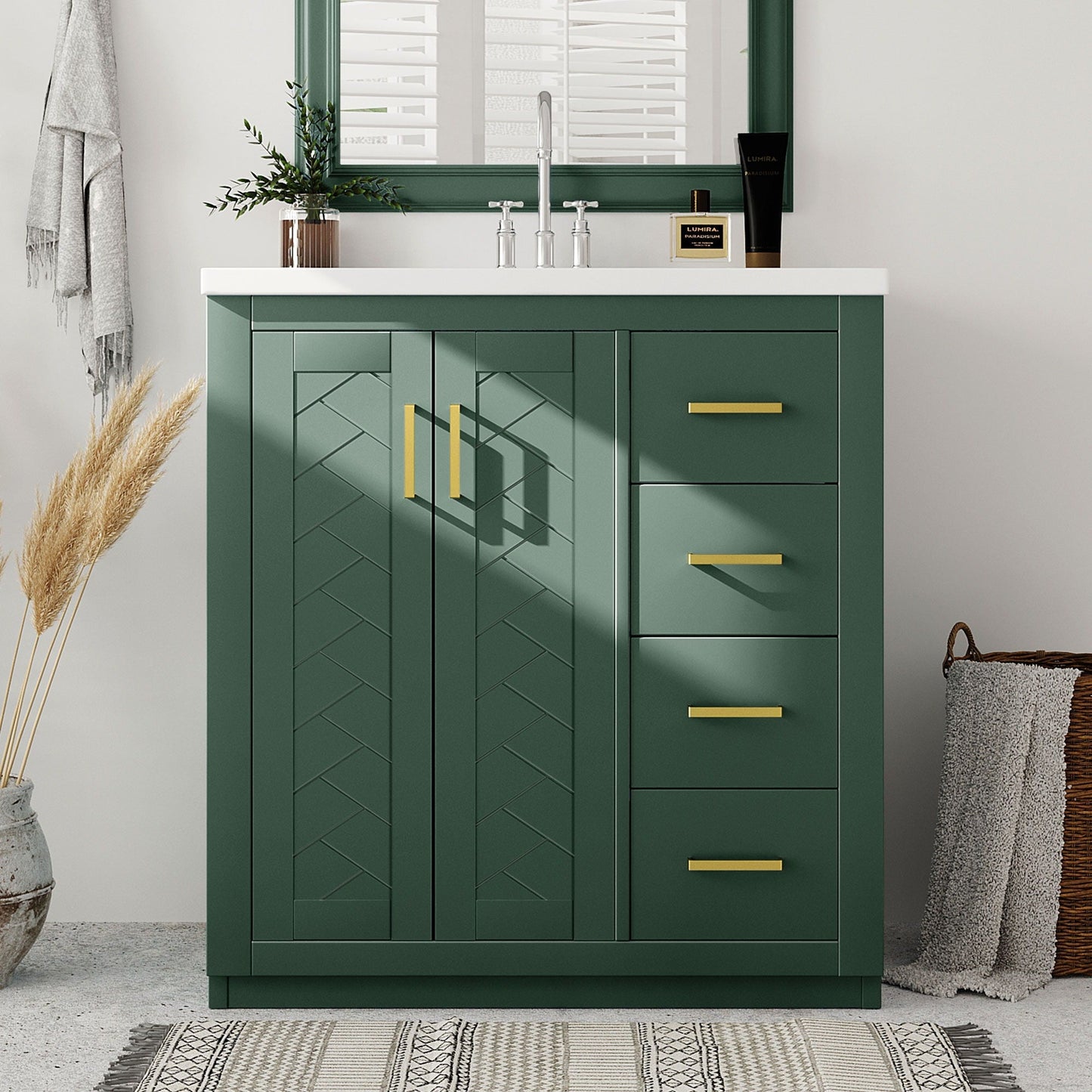 Emerald green bathroom vanity with sink, three drawers and soft-closing doors with gold handles on Tampa Home & Garden Store