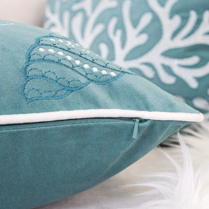 Seashells Pillow Cover, teal with embroidered shell motif and zipper closure on Tampa Home & Garden Store