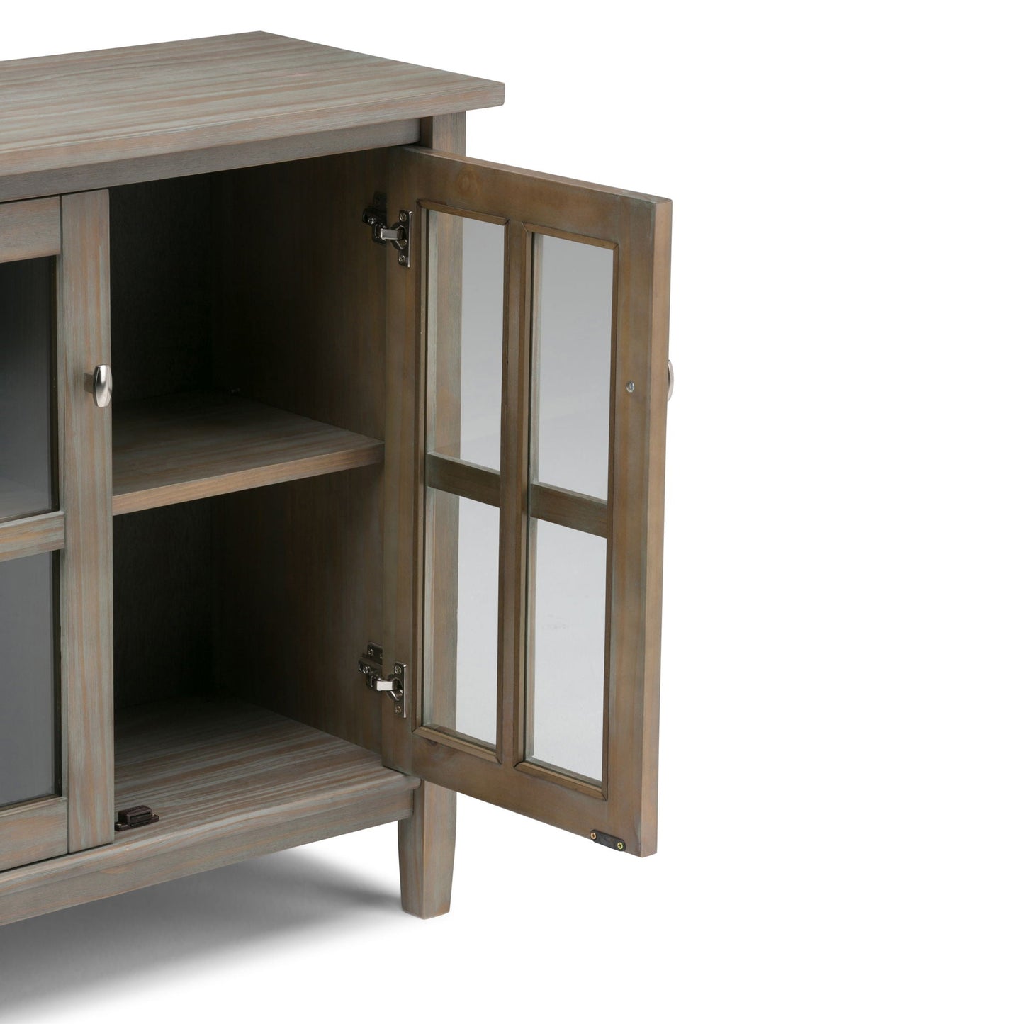 Warm Shaker handcrafted low storage cabinet with glass-pane doors in weathered wood finish on Tampa Home & Garden Store