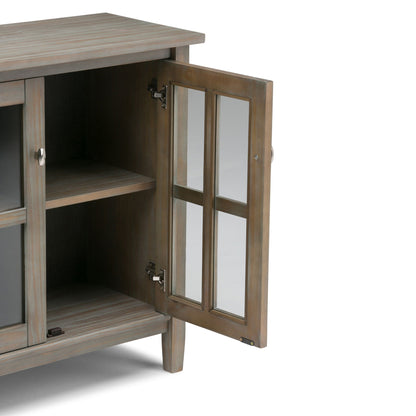 Warm Shaker handcrafted low storage cabinet with glass-pane doors in weathered wood finish on Tampa Home & Garden Store