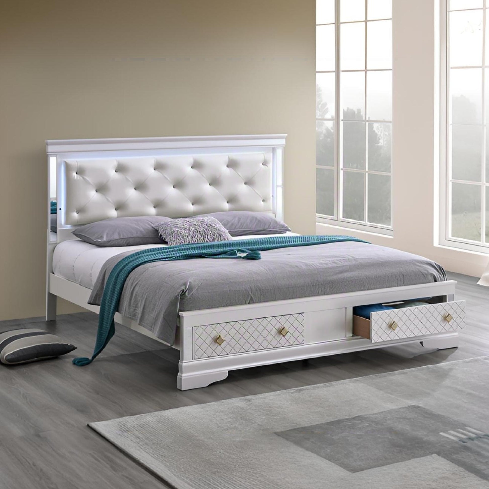 Verona Bed with LED lighting, white tufted headboard, 2 under-bed drawers by HouseOfZazla on Tampa Home & Garden Store