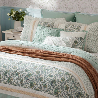 9 Piece Cotton Percale Comforter Set Aqua on bed with aqua quilted comforter, paisley print bedding, white ruffled pillows, peach knit throw on Tampa Home & Garden Store