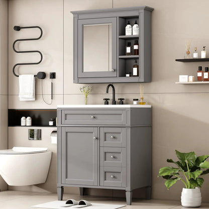 Gray Vanity With Top Sink and Mirror Cabinet