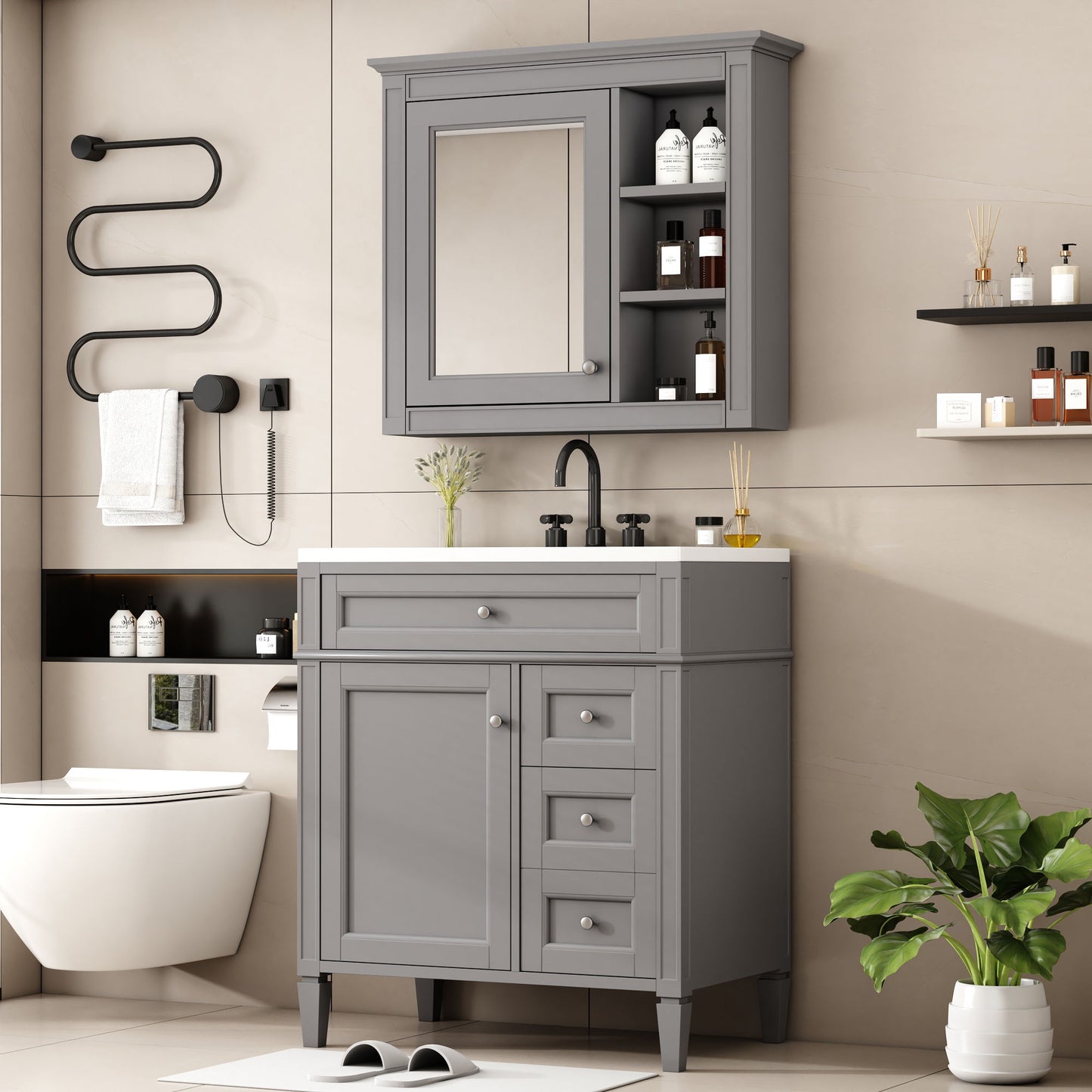 Gray Bathroom Vanity with a Top Sink and Cabinet