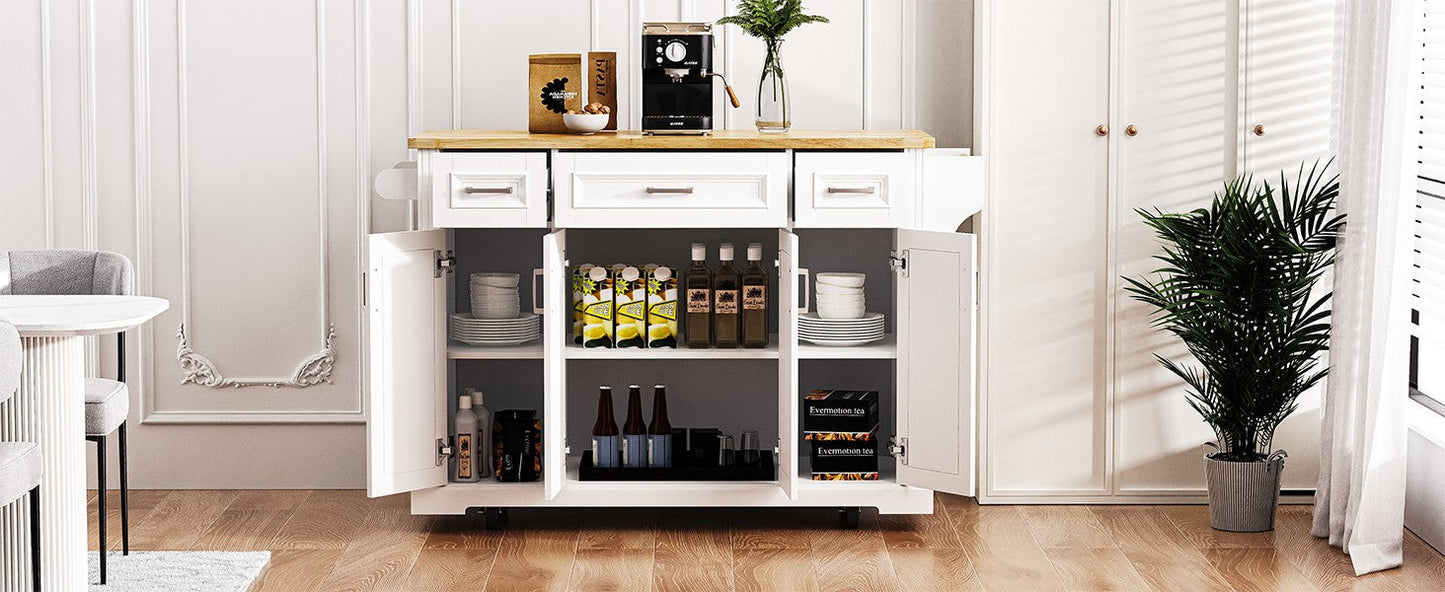 K&K 54-Inch Kitchen Island with rubber wood drop leaf white cabinets three drawers open shelves on Tampa Home & Garden Store