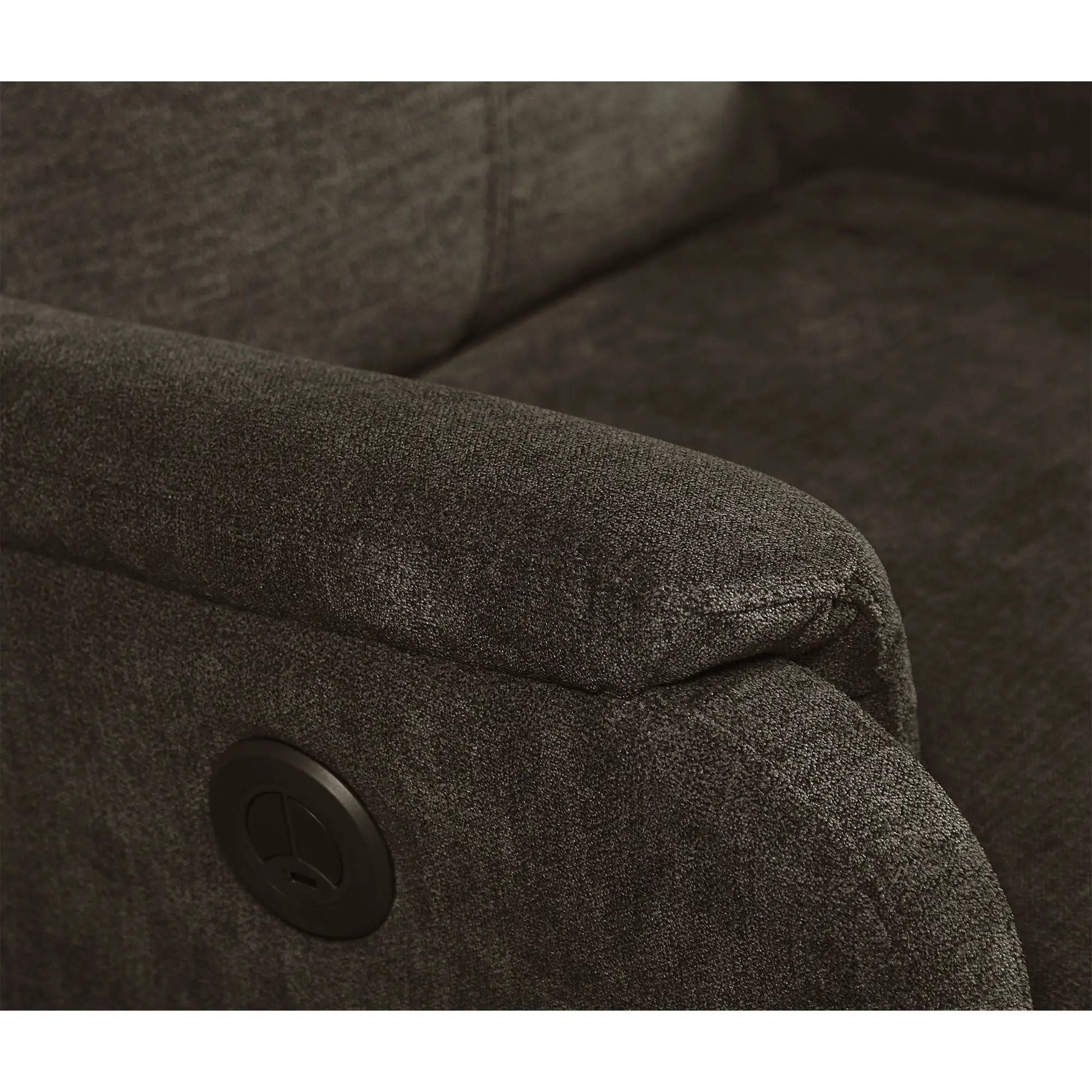 Brown textured recliner chair upholstery with round power control dial on Tampa Home & Garden Store