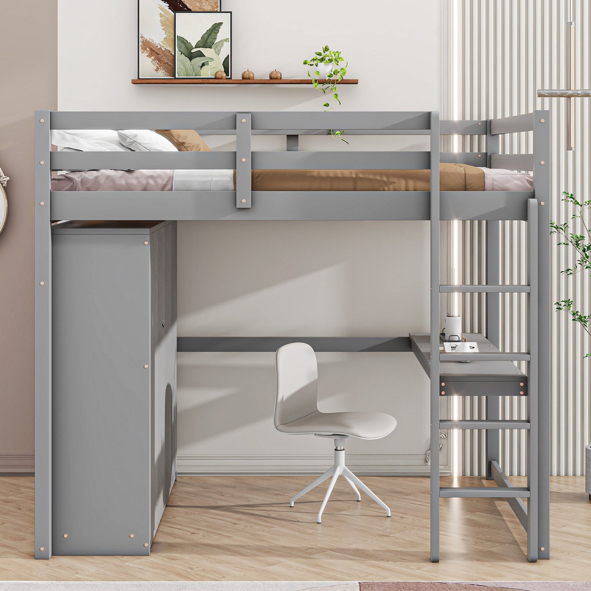 Loft bed with built-in wardrobe, shelves and drawers by HouseOfZazla in gray finish on Tampa Home & Garden Store