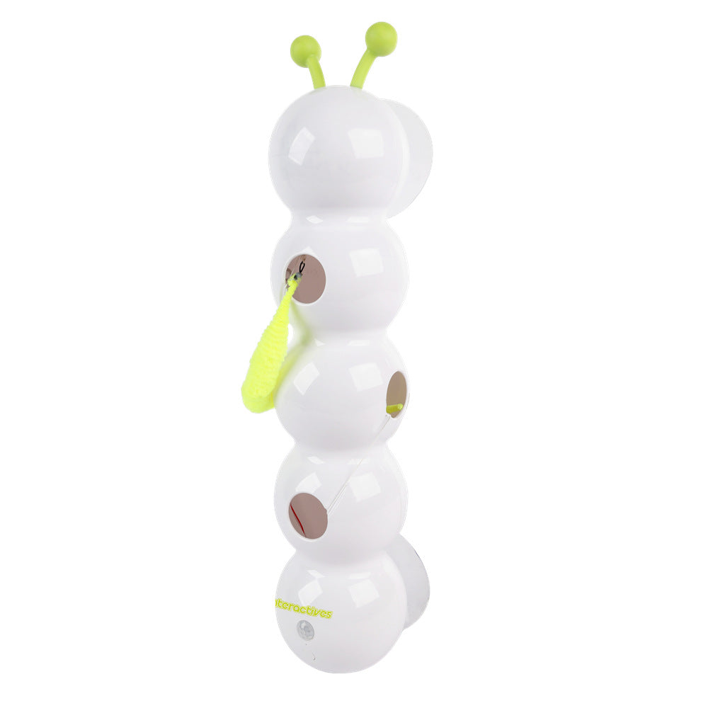 White segmented caterpillar cat toy with neon green tail and antennae, motion-activated on Tampa Home & Garden Store