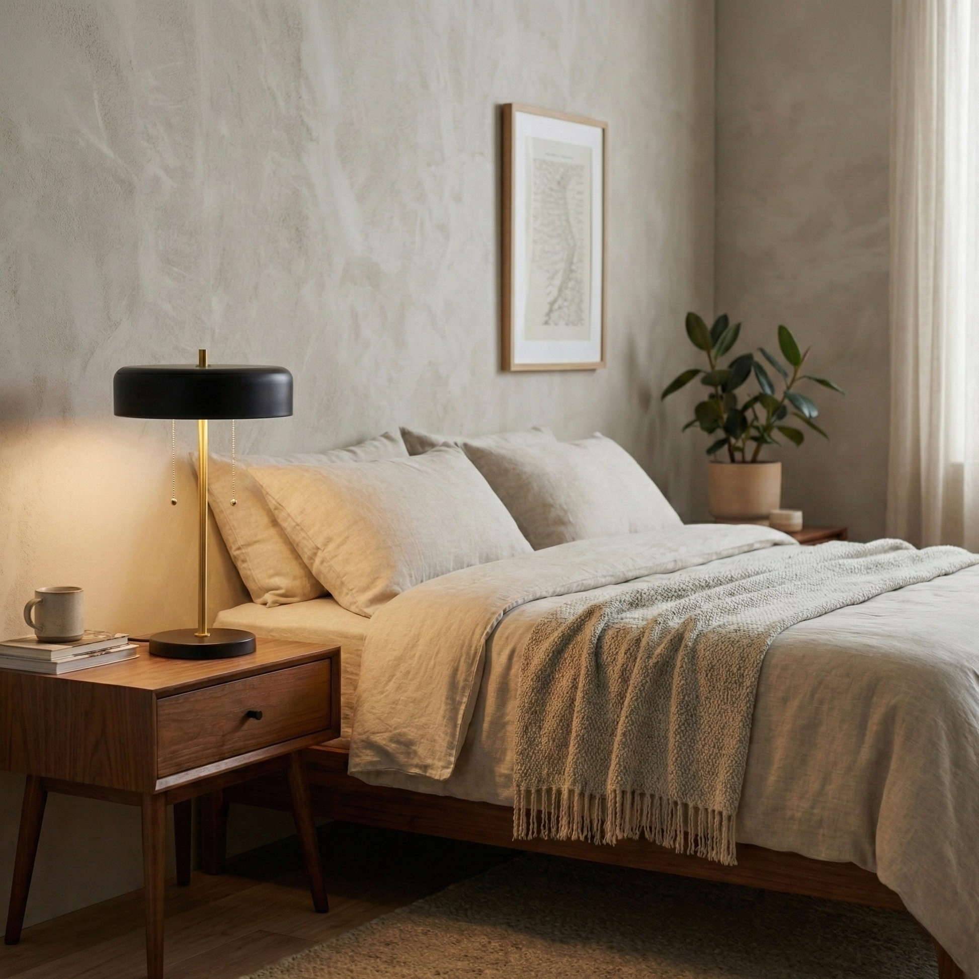 Obni Nordic bedside lamp by HouseOfZazla, black shade with gold stem on a wooden nightstand on Tampa Home & Garden Store