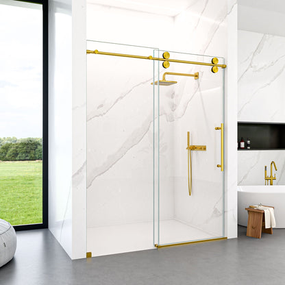 Clear tempered frameless sliding shower door with gold hardware and glass panels on Tampa Home & Garden Store