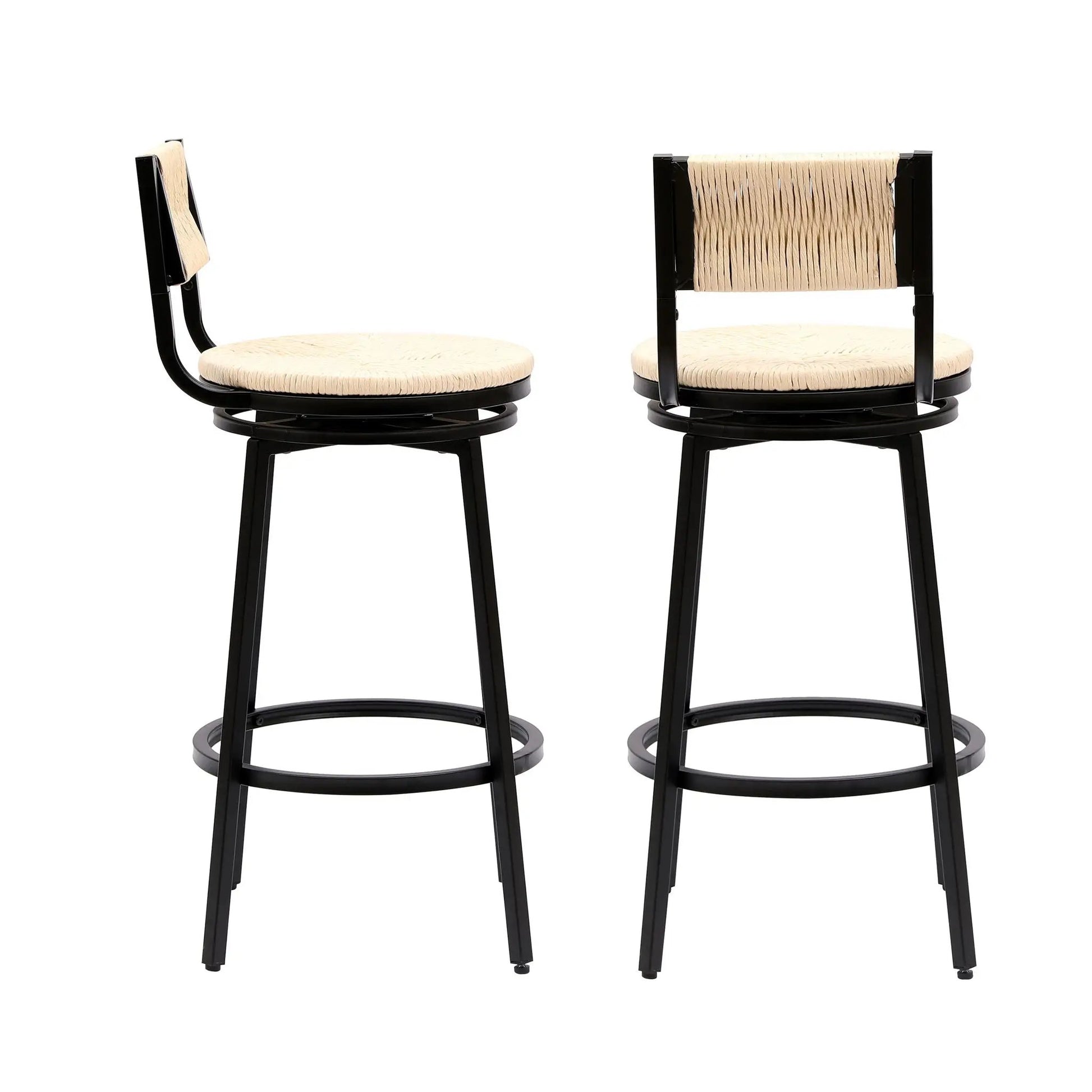 Bar stools set of 2 with black metal frames and paper rope seats and backs, swivel on Tampa Home & Garden Store