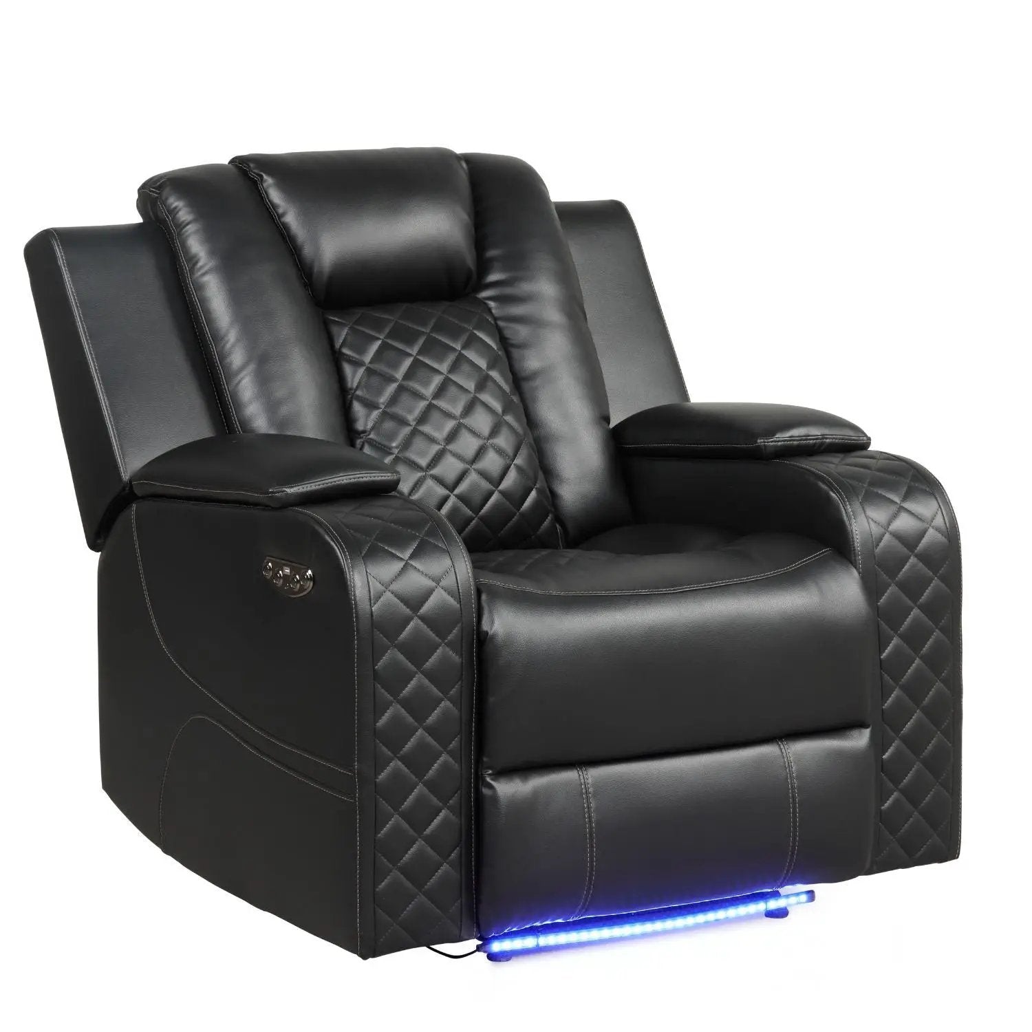 Benz LED power recliner with adjustable headrest, black leather, quilted panels, blue LED lights on Tampa Home & Garden Store