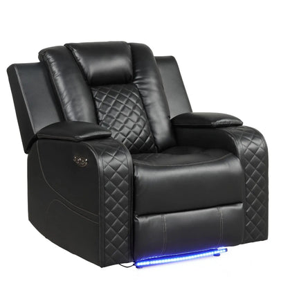 Benz LED power recliner with adjustable headrest, black leather, quilted panels, blue LED lights on Tampa Home & Garden Store