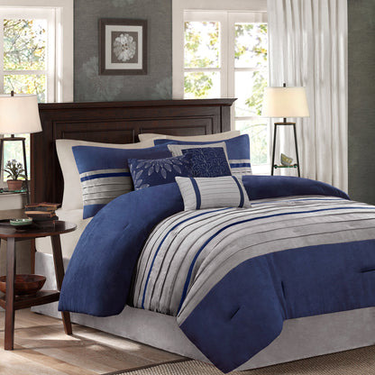 7 PC Faux Suede Comforter Set in blue and gray with striped accents and coordinating pillows on Tampa Home & Garden Store