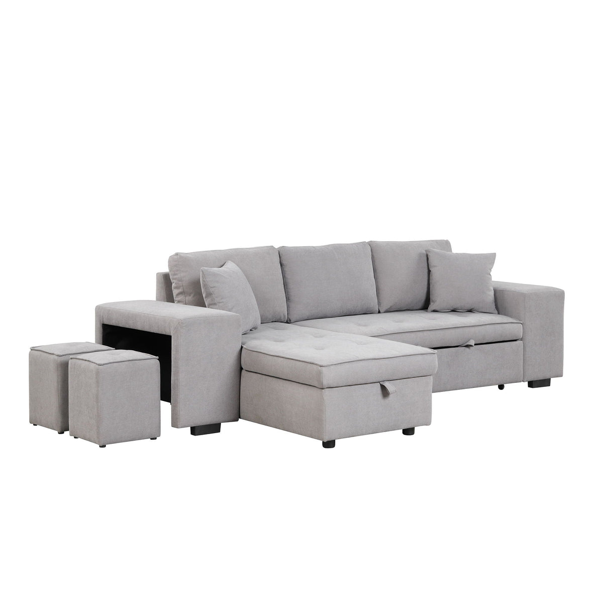 L-shaped sleeper sectional in light gray fabric with storage chaise and 2 ottomans on Tampa Home & Garden Store